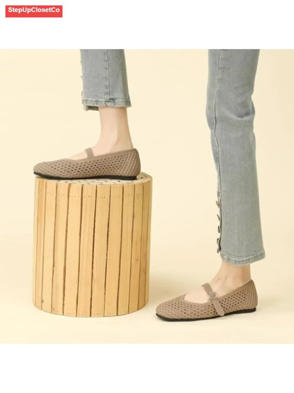 Woven Mary Jane Flats Square Toe Ankle Strap Washable Comfortable